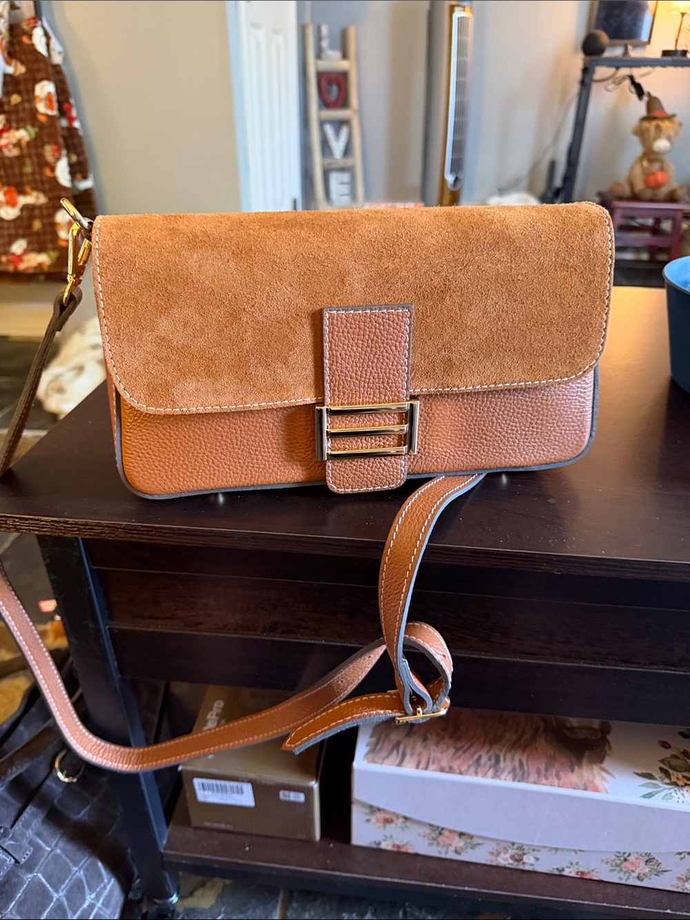 Suede & Pebbled Leather Crossbody Bag in Brown